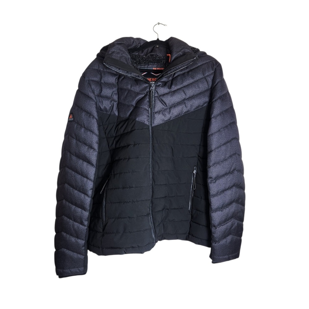 Superdry Mountain Supply Fuji Puffer Jacket Black Grey Hooded Fleece Lined XXL